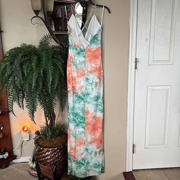 Lulus Lover’s Paradise Metallic Tie Dye Maxi Dress Teal Orange Crisscross Back - Picture 10 of 16